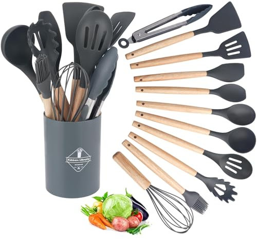 Kitchen Utensil Set 12 PCS Silicone Cooking Utensils Set with Wooden Handle Non-Stick Cooking Spoons Utensil Sets Silicone Kitchen Utensils Set Heat Resistant Kitchen Tools (Dark Gray)
