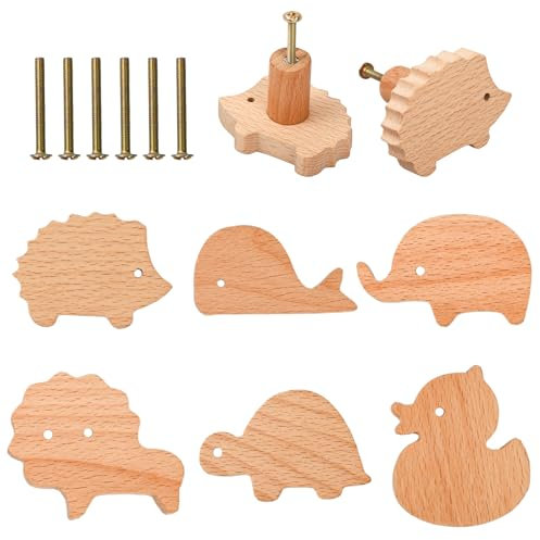 Ehuihuan 6 pomos de madera para muebles en forma de animal, pomos para muebles con tornillos, tiradores de madera decorativos, con forma de animal, pomos de muebles para niños, tiradores de cajones