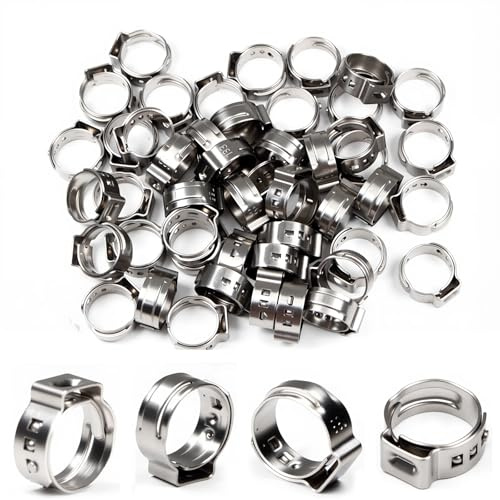 55Pcs Single Ear Hose Clamps 10.8mm-13.3mm (3/8) 304 Stainless Steel Hose Crimp Clamps Ear Stepless Hose Clamp Pinch Clamps Perfect for Automotive, Home Appliance Line and Plumbing