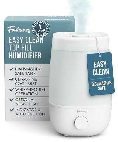 Fontaines Luxury Top-Fill Cool Mist Humidifier - 360° Ultra-Fine Spray, Whisper-Quiet Operation, Dishwasher-Safe Tank, Nightlight & Auto Shut-Off, Easy to Clean for Home, Bedroom, Baby Nursery