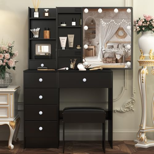 Teousev Toilette Trucco con Sgabello e Specchio, Toeletta Trucco con Luci, Postazione Trucco con 6 Cassetti, 6 Ripiani Aperti, Tavolo Trucco per La Camera Da Letto, 80X36X131cm, Nero, JR301216