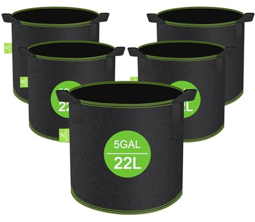 CNMTCCO Stofftöpfe, 5 Stück Pflanzsack 20L+10% = 22 L Grow Töpfe, Hochbelastbare Verdickte Stofftopf mit Griffen, Vliesstoff pflanzentopf Pflanzsack für Terrasse Balkon ＆ Garten (5 Gallonen)