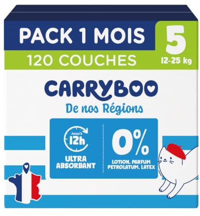 CARRYBOO - Couches Taille 5 (12-25kg) - Saines et Ultra Absorbantes - 12h Anti Fuites - Sans substances indésirables - Fabriquées en France - Prix Accessible- 120 Couches Jetables - Pack 1 Mois