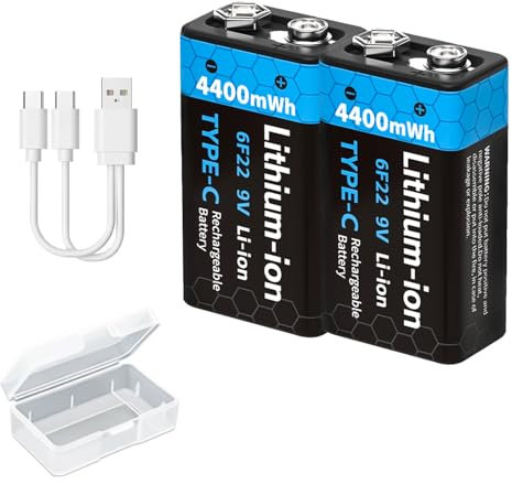 Batterie Ricaricabili da 9V 4400mWh Ad Alta Capacità Potenza Lunga Durata Ricarica USB con Cavo Tipo C per Rilevatori Fumo, Multimetri, Telecomando, Chitarra Elettrica, Citofono (2 Pcs)