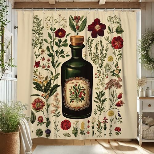 Tenda da doccia vintage a base di erbe, bottiglia da farmacista verde con fiori di campo colorati, tenda da bagno per primavera estate, tenda da doccia rustica in tessuto impermeabile con ganci, 182 x