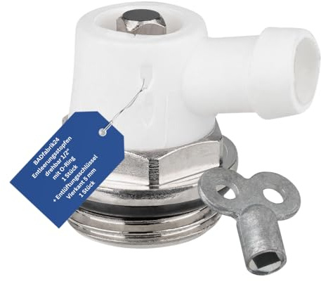 BADfabrik24 Entleerungsstopfen G1/2 drehbar mit O-Ring & großem Durchlass + Entlüftungsschlüssel 5 mm Metall – Werkzeug-Set für Heizungsentleerung & Entlüftung (1 Set)