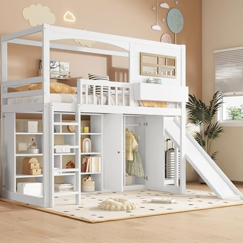 TOBIDOEN Lit mezzanine 90 x 200 cm avec toboggan pour enfant et grande armoire, lit avec échelle à quatre niveaux et grille de protection anti-chute, étagère de rangement ordonnée, bois de pin blanc