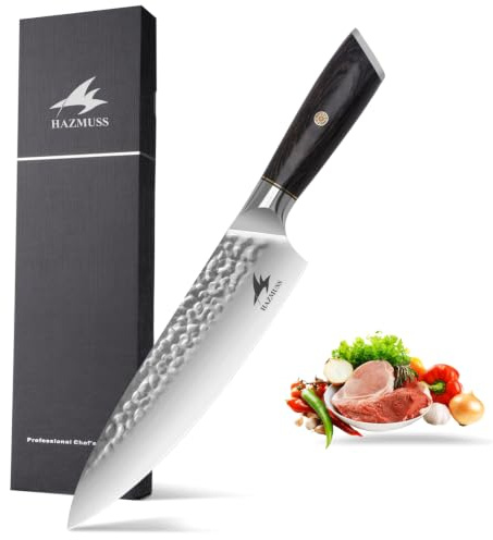 HAZMUSS Couteau de Chef Professionnel Martelé, Lame en Acier Inoxydable à Haute Teneur en Carbone de 20,5 cm, Couteau de Cuisine Tranchant Essentiel Pour un Usage Domestique, Manche Ergonomique