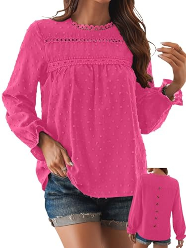 TUUHAW Ropa Mujer Talla Grande Camisetas Manga Larga Mujer Cuello Redondo Camisa Volantes Suelto Basic Blusas Casual Elegante Túnica Encaje Tops Color Sólido Estilo Retro Bordado T-Shirt Fucsia XXL