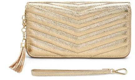 befen Portefeuille en cuir véritable RFID pour femme avec porte-cartes de crédit, petite pochette pour femme avec dragonne et boîte cadeau, doré, 18 x 9 x 1.5 cm, Moderne