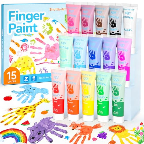 Shuttle Art 15 Colori a Dita per Bambini Atossici, Tempere Lavabili per Bambino 35ml, Tempere per Dipingere Colori Brillanti,Set Pittura Bambini per Arti e Mestieri