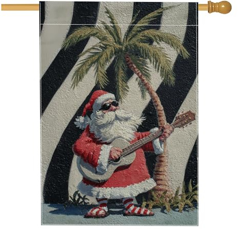 Drapeau de maison du Père Noël, guitare tropicale, palmier, Noël, rouge, double face, toile de jute pour extérieur, terrasse, cour, pelouse, entrée, balcon, 71 x 101 cm