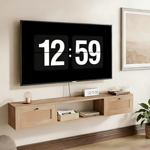 DSNAPE TV Lowboard Hängend 145 cm, mit Rattan Türen & Stauraum, Eiche Hell | Wandmontierte TV Schrank für Fernseher bis zu 65 Zoll, Platzsparende Wandmontage, Fernsehtisch mit Offene Fächer für Geräte