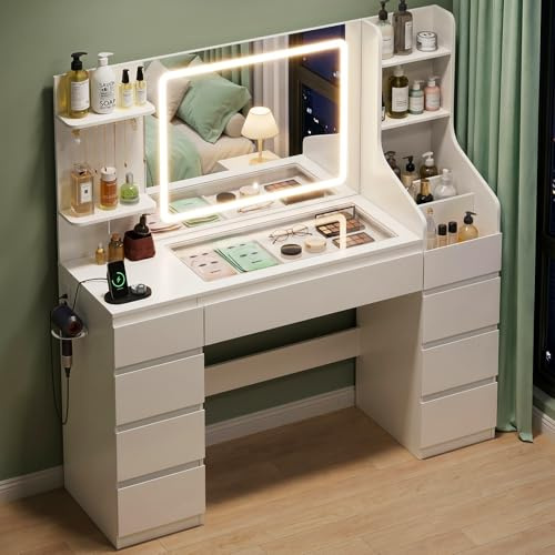 TRIUMPHKEY Schminktisch mit Spiegel und Beleuchtung, 135 cm Schminktisch Groß mit Steckdose, USB, Schubladen & Glasplatte – Weißer Vanity Tisch als Frisiertisch/Dressing Table für Schlafzimmer