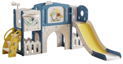 Aveainelle Scivolo per Bambini da Esterno e Casa Interno, Scivoli per Bambino da Giardino Giochi con Canestro da Basket e Contenitore, Set da Gioco per infanzia da 1 a 3 Anni