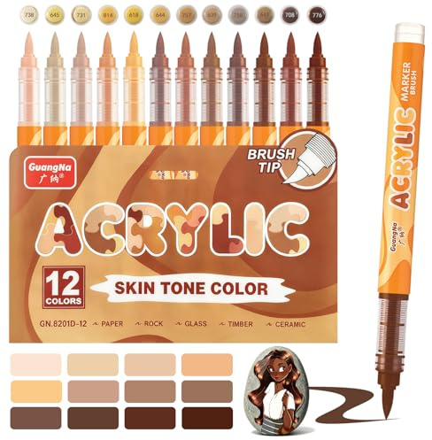 VAKKI Acrylstifte, 12 Farben Acrylmarker Set für Hautfarben, Wasserfeste Acrylstifte für Steine mit flexibler Pinselspitze 1-6 mm,Ideal für Keramik, Glas, Holz, Leinwand und Porzellan(Braun)
