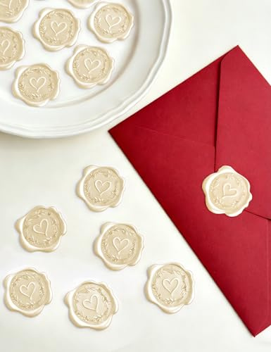 TOOHAO 25 Pieces Wax Seal Stickers Kit, Beige Self-Adhesive Sealing Wax Sticker with Heart and Olive Branch, for Wedding Invitation Envelope Birthday Gift Wrapping Decoration
