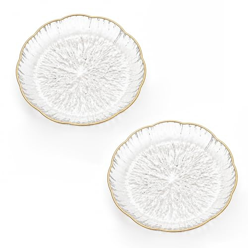 Tastetreasure 2 Pack Gold Rim Plastic Fruit Bowls, Clear Acrylic Decorative Serving Bowl for Kitchen Counter, Modern Flower Shaped Salad Bowl, Crystal Look Candy Dish and Snack Plate for Living Room