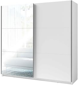 Masseno Schwebetürenschrank VARO 150/205/60 cm Kleiderschrank mit Schubladen Schlafzimmer Schiebetürenschrank 3-türig mit Spiegel Weiß + Satin
