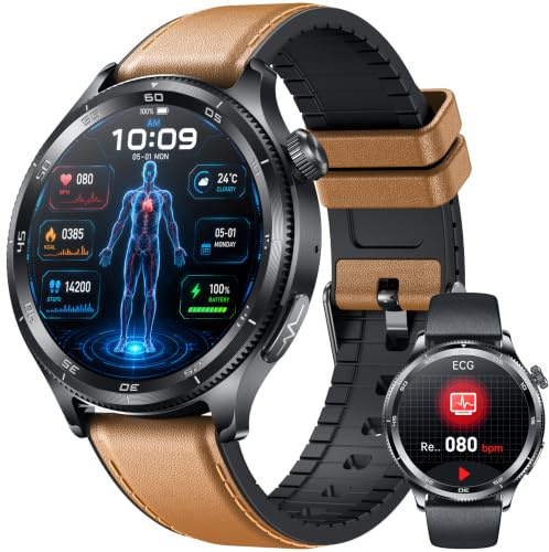 Smartwatch Herren mit EKG+HRV/ΒΙυtdruckmessung: 1.43'' Rund mit Bluetooth Telefonfunktion Smart Watch Schlafmonitor Herzfrequenz Schrittzähler Fitness Tracker IP68 Wasserdichte Kompatibel Android IOS