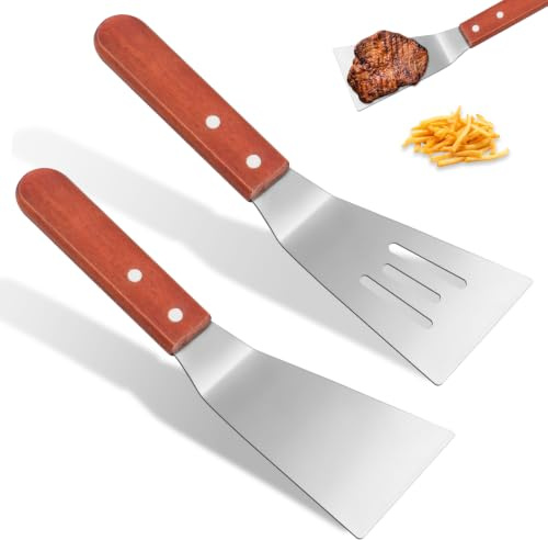 Cheynn 2 stycken stekspade rostfritt stål med trähandtag, grillspade liten pizzaspatel värmebeständig kökspatel rostfri grillspatel plancha spatel för grillning stekning teppanyaki burger biff