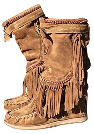 Minetom Damen Stiefeletten Westernstiefel Niedrige Absätze Fransenstiefel Plateau Ankle Boots Knöchelstiefel Winter Schlupfstiefel Elegant Schuhe B Braun 39 EU