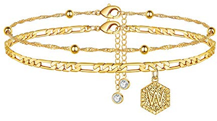 Tobilleras de oro para mujer, tobilleras de oro de 14 quilates con inicial de cadena Figaro para mujer, tobilleras de oro en capas para mujer, tobillera con iniciales del alfabeto con iniciales W, 8.5