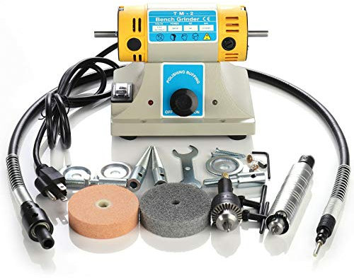 Pulidora Eléctrica SHILINTONG, Mini Máquina para Pulir Piedras Preciosas y Joyas, Esmeriladora Eléctrica 350W 10000 rpm con Velocidad Ajustable, Eje Flexible, 2 Ruedas para Pulido, Esmerilado