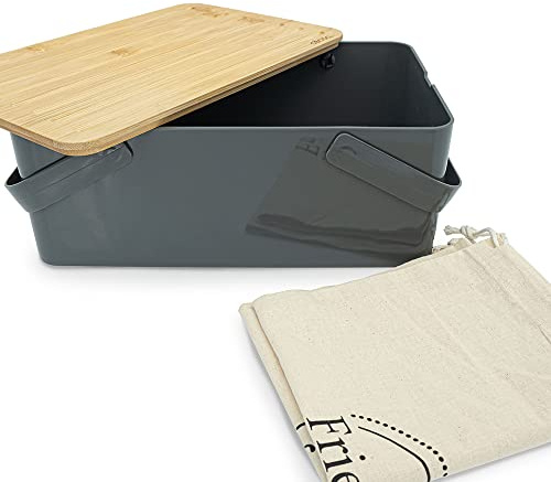 CÉCOA • Boîte à Pain avec Sac en Coton • Meilleure Conservation Naturelle • Couvercle Planche à Découper en Bambou • Poignées Pratiques • Design Moderne • 31x19x11 cm