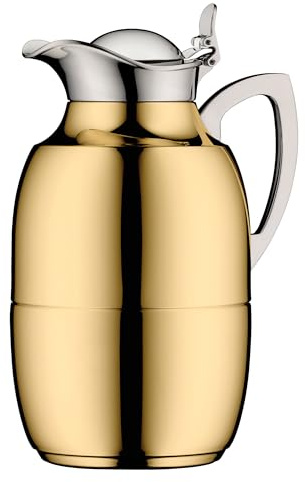 Alfi Juwel Isolierkanne 1,0L | Thermoskanne Edelstahl mit Glaseinsatz | AromaSafe Kaffee & Tee | BPA-frei & nachhaltig | Einhandbedienung | Für Heiß- & Kaltgetränke | Gold plated