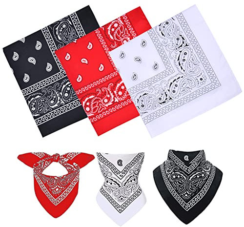 AOMIG Bandana Damen Herren,3 Stück Kopftuch Halstuch Männer, Unisex Tuch Bindetuch, Headwear Haar Schal Paisley Muster, Weiß Rot Schwarz(55 x 55 cm)