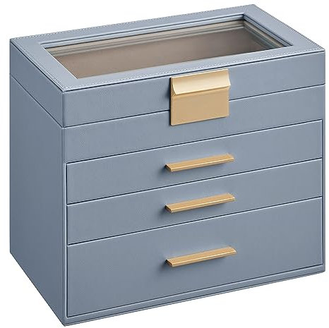 SONGMICS Jewelry Box Organizer, 4-Layer Storage with 3 Drawers, Glass Lid