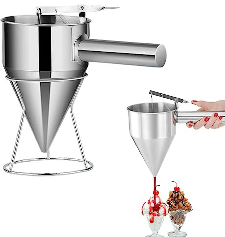 Midyrrg Stainless Steel Funnel Pancake Batter Dispenser Piston Funnel 1.2 L Octopus Balls Filling Funnels with Handle & Rack Baking Funnels for Kitchen Baking Making Cupcake Batter Dispenser