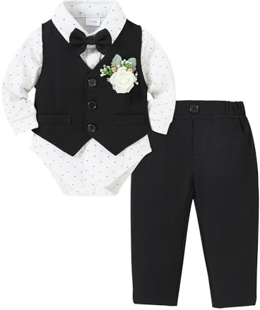 ZOEREA Trajes para Bebé Niños de Boda 6-12 Meses Caballero Peleles Monos con Pajarita + Chaleco + Corsage + Pantalones Conjuntos de Ropa para Bebés Niño, Negro