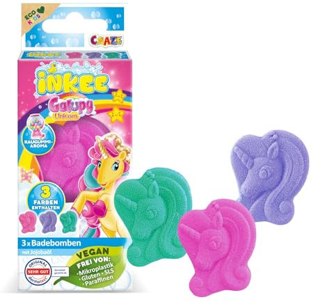 INKEE Mini Pack GALUPY - Pack de 3 Bombes de bain enfant Licorne, Boule de bain parfum Chewing-gum à l'huile de Jojoba, testé dermatologiquement, 3x15g