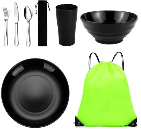 Jeinbuil Set di Posate da Campeggio Riutilizzabile - Ciotole, Piatti e Posate in Acciaio Inox Con Borsa per Escursioni e Picnic - Lavabile in Lavastoviglie