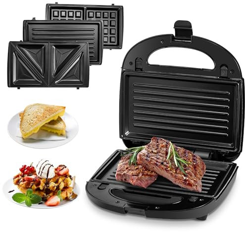 Pukomc 3-in-1 Sandwich Maker Antihaft-Panini-Presse, 850 W Grill, Tostadora De Pan Sandwichera, Herausnehmbare Grillplatten, Kontaktgrill, Waffeleisen, Doppelseitige Heizung, Schwarz