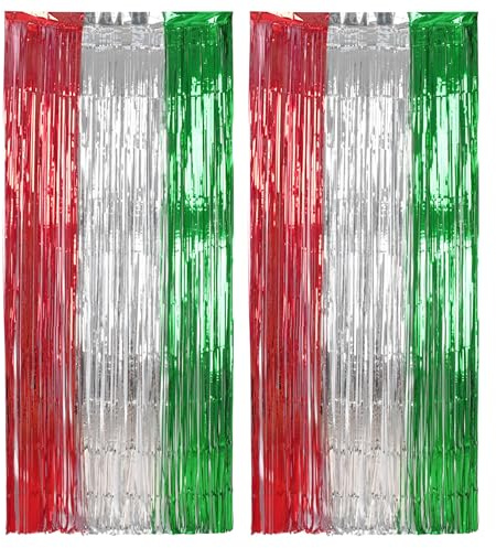 BRAVESHINE Lametta Vorhänge Rot Silber Grün, Weihnachten Italienische Deko | Party Hintergrund für Geburtstag Weihnachtsfeier Silvester Italien Themenparty (2 Stück,1x2.5m)