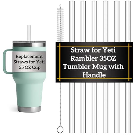 6 Pack Straws for YETI 35oz Tumbler, Replacement Straws 9.45 Long, Reusable Hard Plastic Tritan Straws, BPA Free Dishwasher Safe, w/Cleaning Brush, Ideal for Gym Office Travel Daily Use