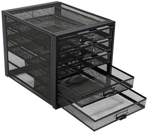 Hanmorfarbi 5 Schubladen Aktenschrank, Mesh Desktop Storage Schublade, Metall Mesh Office Stationery Organizer, A4 File Compartment,Desktop-Schubladen-Organizer