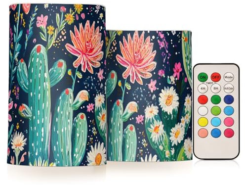 Juego de 2 velas LED sin llama con diseño de flores, cactus, dalia, pájaros, azul marino, funciona con pilas, para decoración, 4 pulgadas y 5 pulgadas