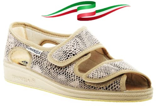 Emanuela - Sandalias de mujer ajustables, con tirantes, empeine de algodón, para ancianos, pies hinchados, fabricado en Italia 2025, Beige Snake, 40 EU
