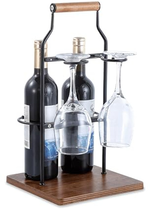 Ouseen Botellero de mostrador y soporte para vasos, portátil, puede contener 2 botellas y 2 vasos, pequeño botellero con base de madera, perfecto para almacenar vino de mesa
