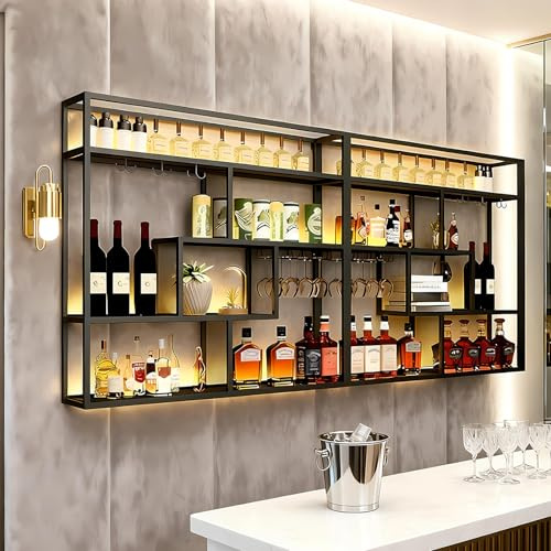 120cm Portabottiglie da Parete, 4 Livelli Grande Portabottiglie in Metallo da Parete con Supporto in vetro ,Multifunzione Industriale Espositore di vino a parete (nero, 4 livelli, destra, 120cm)