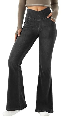 LaiEr Femmes V Crossover Taille Haute Hanches Control Casual Fitness Legging Yoga Pants Faux Jean imprimé Femmes Bottes de Yoga Pantalons de Fitness évasés avec Poches latérales.Gris,S