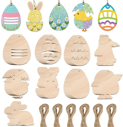 Scinzene Osterdekoration Holz zum Aufhängen, 36 Stück Ostereier und Hasen Anhänger Set, Kreatives Bastelset für Ostern Basteln Deko für Zweige und Fenster