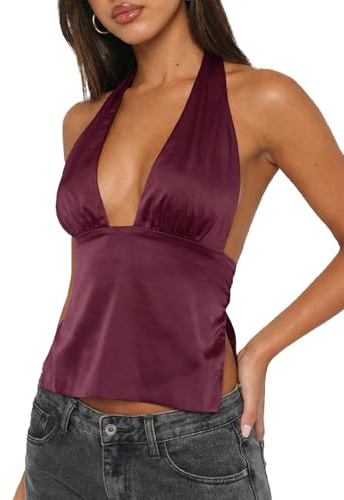 UNCOOYEE Women's Sexy Deep V Neck Sleeveless Backless Tie Tops Silk Satin Slim Fit Summer Trendy Y2k Going Out Cropped Tank Tops for Teen Girls Date Night Burgundy Small