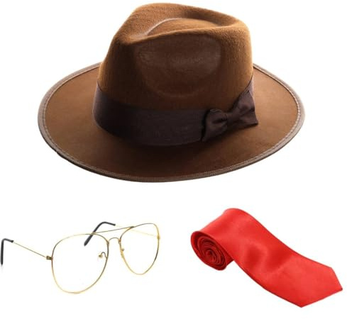 Mr Whatsit - Set di accessori per adulti, cappello Fedora marrone, occhiali stile anni '80, cravatta rossa, personaggio TV fumetto anni '80, set di accessori per costume di Halloween