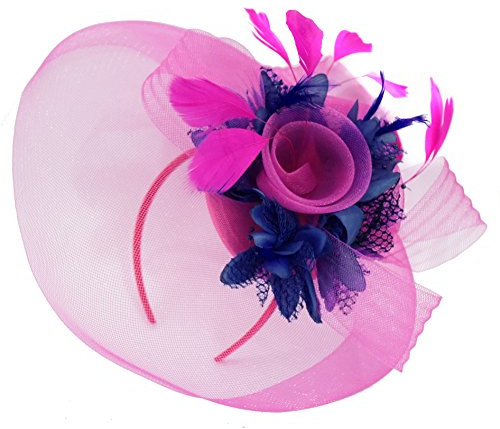 Fuchsia Hot Pink Feather Flower Fascinator Hat Veil Net Headband Clip Ascot Derby Races Wedding