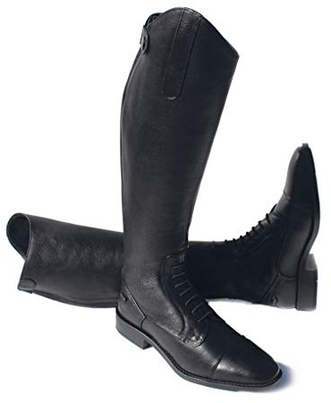 Rhinegold Elite Luxus BLACK LEATHER RIDING BOOTS - Soft Feel Leather, Comfortable Fit, Elasticated Laced Front, Women's Equestrian Boots with Full Length Back Zip, Size 10, EU 44, Calf 3